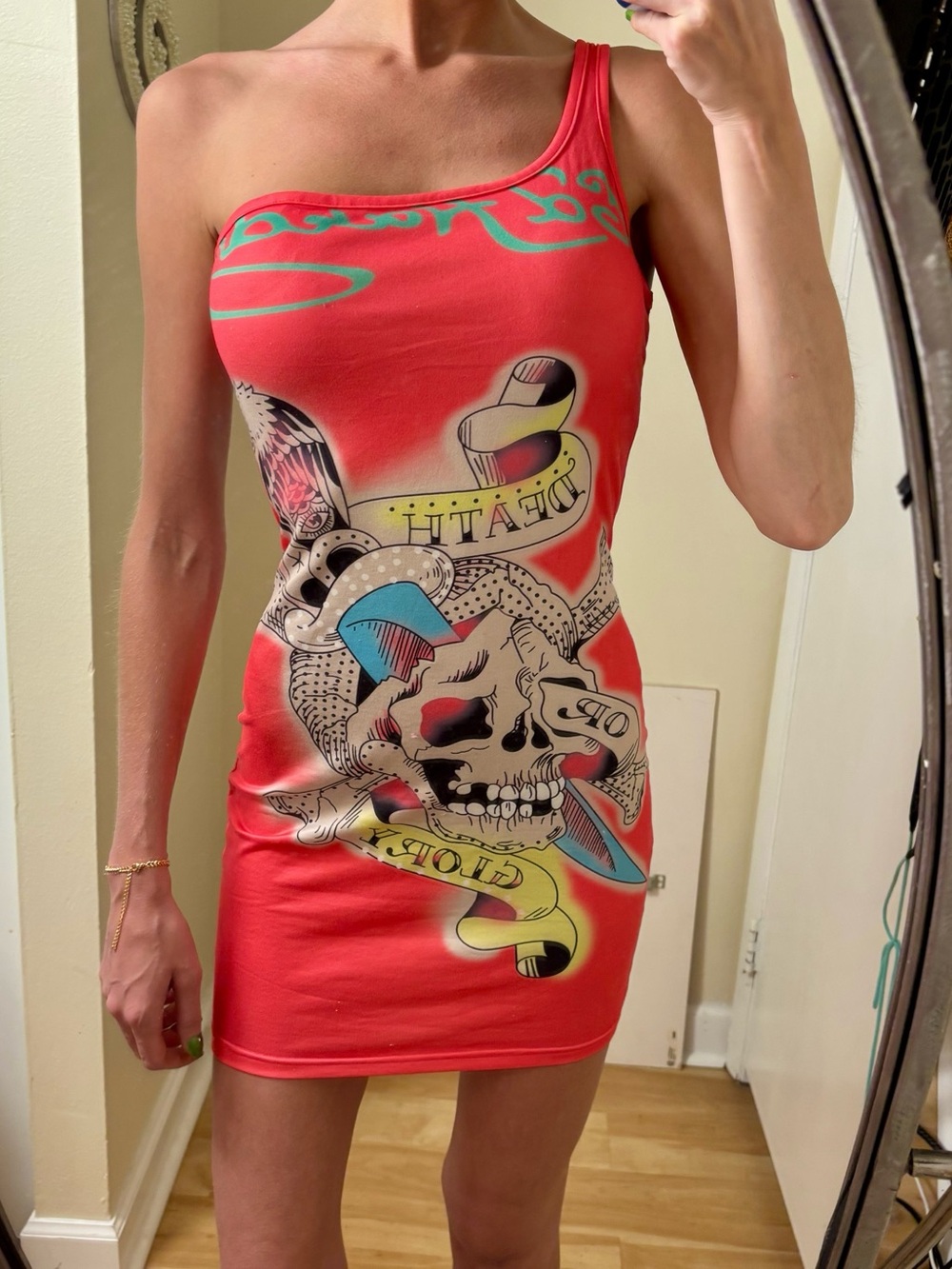 ED HARDY One-Shoulder Tattoo Graffiti Skull Motif Bodycon Dress